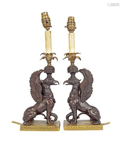 PAIR OF 19TH-CENTURY BRONZE GRIFFIN STEMMED LAMPS