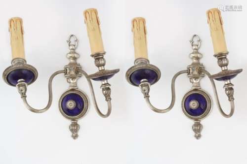 PAIR OF SILVER GILT AND BLUE GLASS WALL LIGHTS