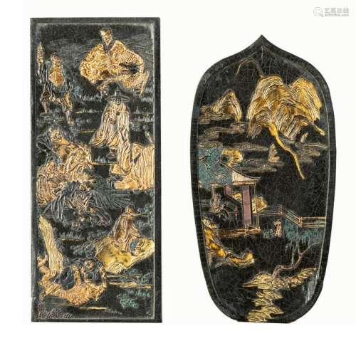 Arte Cinese  Two ink stones decorated with Luohan and