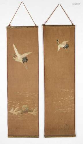 Arte Cinese  Two cotton scrolls embroidered with storks