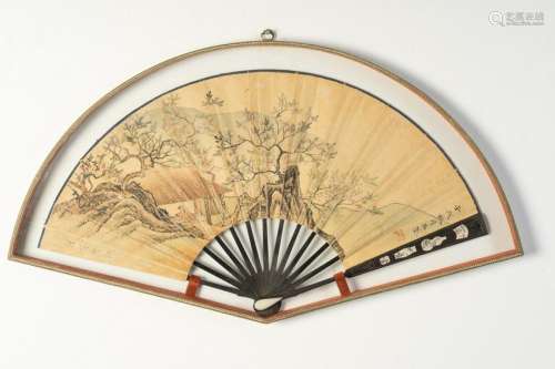 Arte Cinese  A signed folding fan painted with a rustic