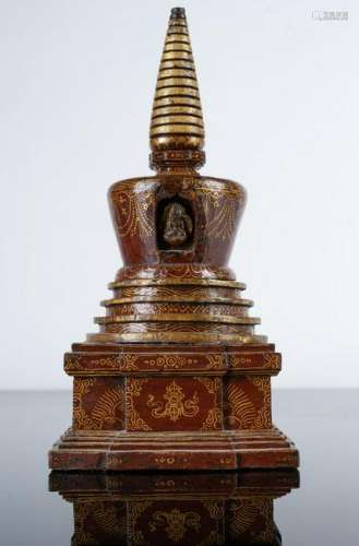 Arte Himalayana  A wooden lacquered stupaTibet, 19th