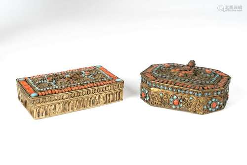 Arte Himalayana  Two metal Buddhist boxes incrusted