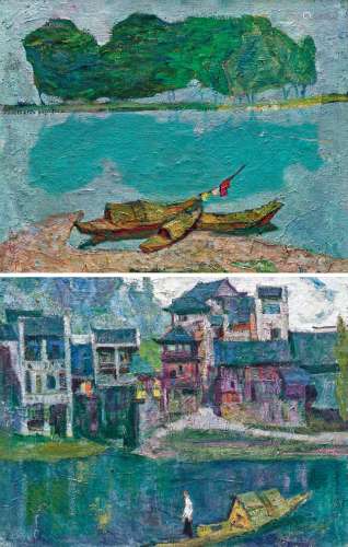 罗尔纯（1930～2015） 1988、1986年作 泊舟 及小镇一角 （共两件） 油彩 画布