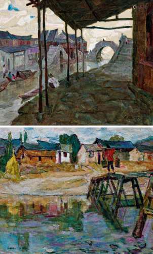 罗尔纯（1930～2015） 1993年作 水乡 及小村 （共两件） 油彩 画布