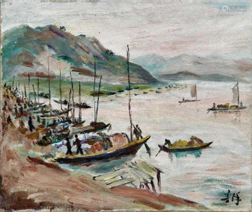 胡善馀（1909～1993） 1970年代作 码头帆影 油彩 画布