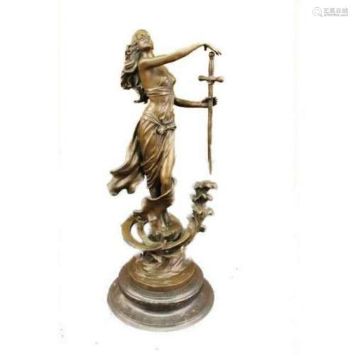 Original Justice Lady Bronze Marble Statue Nude Female