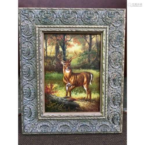 20thc Oil Painting, Hunt Scene, Woodland Stag Deer