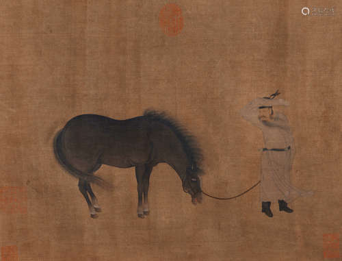 早期佚名手绘《宋人牵马图》设色绢本一件（带框）。