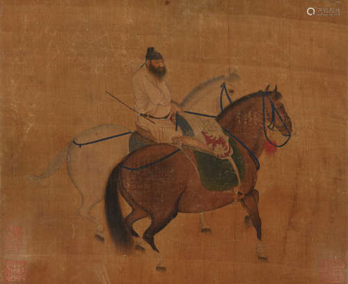 早期佚名手绘《胡人双骑图》设色绢本一件。