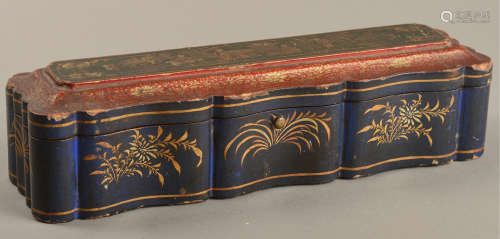 19世纪广州十三行外销品“学士仕女人物图”彩色手绘人物折扇大漆盒一件。