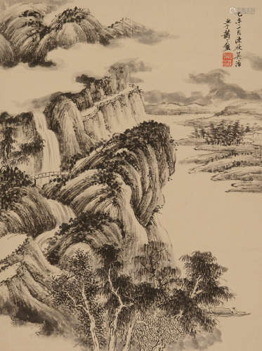 1895年作吴滔（1840-1895）“山水诗意图”水墨纸本一件镜心。