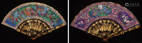 清代彩色手绘“贵妇人物图”双面髹漆描金精美折扇一把。