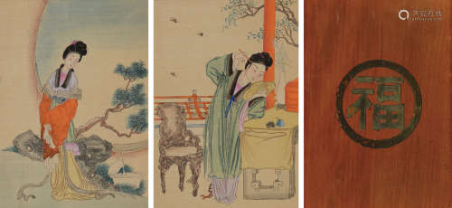清末民初时期手绘绢本《中国古代美人图》木制经折装册页一册。