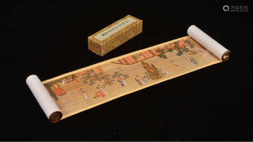 1970年代台北故宫博物院馆藏名画复制品《明 仇英 汉宫春晓》设色纸本绫裱手卷一卷，附原盒。