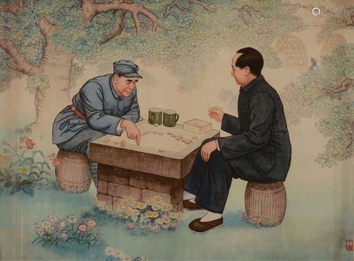 亢珑（1929-1988）对弈图（版画）一件。