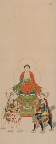 十九世纪佚名手绘“古画三尊佛”设色绢本立轴一件。