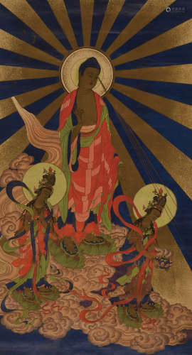 民国时期彩色刷金石版印制“观音大师图”精美版画一件。