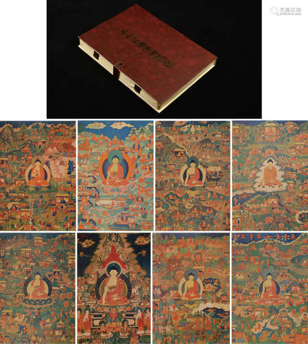 1973年日本私藏西藏佛教文物《西藏佛像佛画图录彩色版画集》皮革精装本一盒44张全。