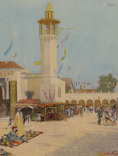 十九世纪欧洲彩色版画《街市》一幅