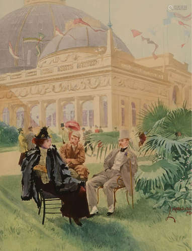 十九世纪欧洲彩色版画《宏伟的园艺建筑》一幅