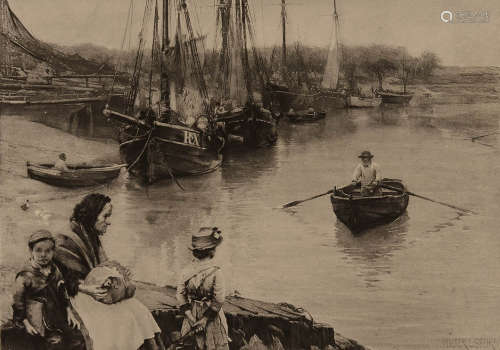 十九世纪欧洲彩色版画《渡轮上的渔民》一幅