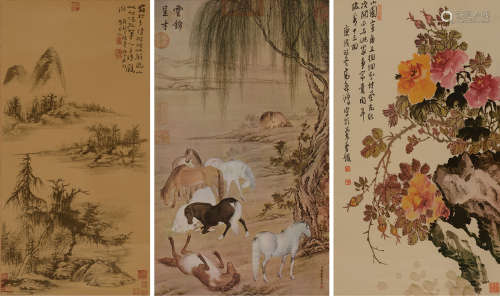 1970年代台北故宫博物院、台北历史博物馆馆藏名画复制品一组3轴