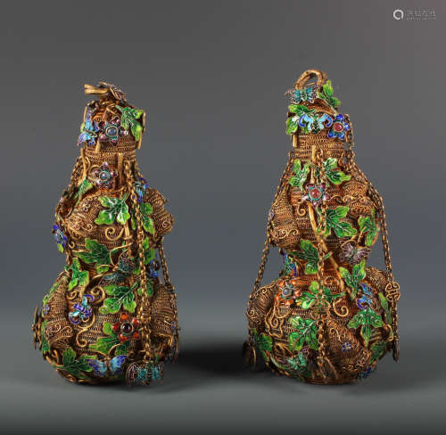Pair of  Chinese Gilt-Silver Double Gourd Vase