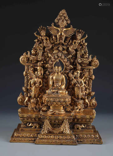 Set of Large Rare Chinese Carved Gilt Bronze Figure Of Sakyamuni