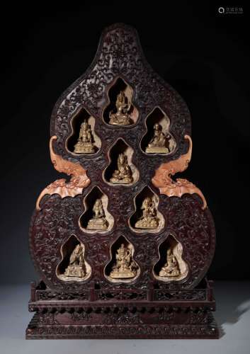 A Chinese Carved Zitan Gourd Shrine&Nine Gilt Bronze Buddhas