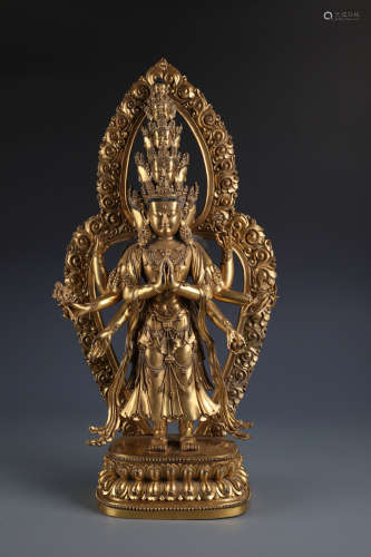 A Rare Chinese Carved Gilt Bronze Figure of Eleven-headed Avalokitesvara