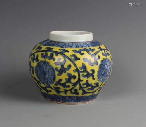 A Chinese Yellow Ground Blue and White Porcelain Jar