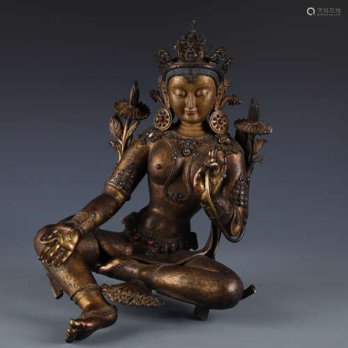 A Chinese Carved Gilt Bronze Figure of Tara