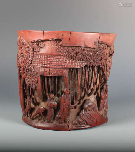 A Chinese Carved Bamaboo 'FIGURE' Brush Pot