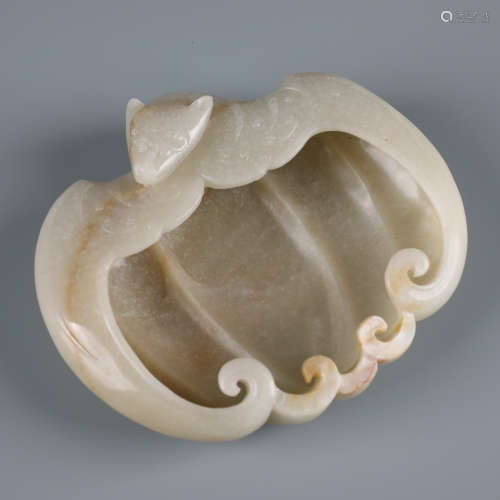 A Fine Chinese Carved White Jade Bat Brush Washer