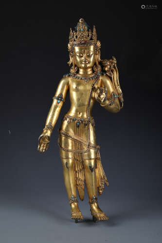 A Chinese Carved Gilt Bronze Figure of Padmapani Lokeshvara