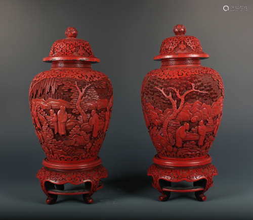 A Chinese Red Lacquer Cinnabar Figure Vase with Base