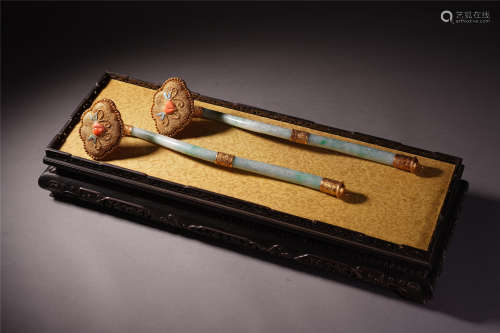 A Chinese Jadeite Gilt Silver Scepter Inlaid with Treasure