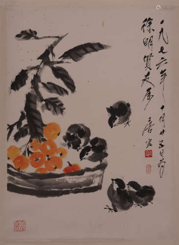 A Chinese Hanging Painting Scroll of Flower and Bird by Tang Yun
