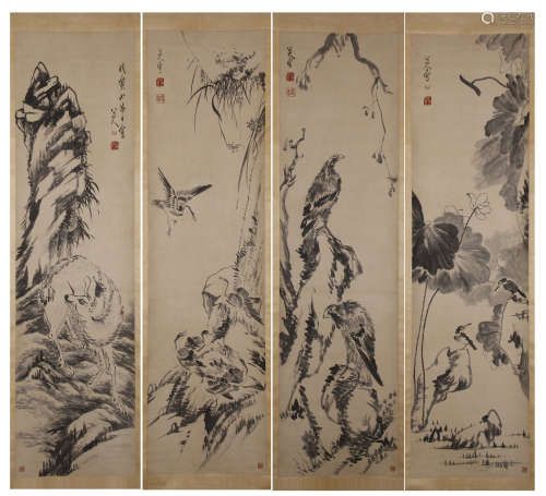 Four Chinese Hanging Panels of Animals by Badashanren, Ink on Paper