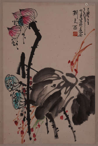 A Chinese Hanging Painting Scroll of Lotus Flower by Liu Wenxi