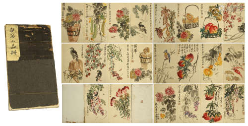 A Chinese Painting Scroll Album of Flower by Qi Baishi, Ink on Paper, 22 Pages