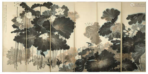 Six Hanging Panels of Lotus Flower by Zhang Daqian, Ink on Paper