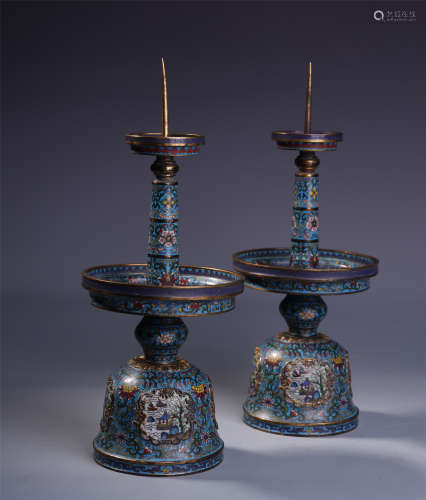 A Pair of Chinese Gilt Bronze and Cloisonne Enamelled Candle Stand