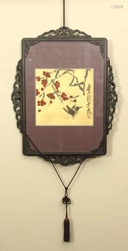 A Chinese Framed Painting Scroll of Flowers and Birds by Qi Baishi, Ink on Gilt Paper