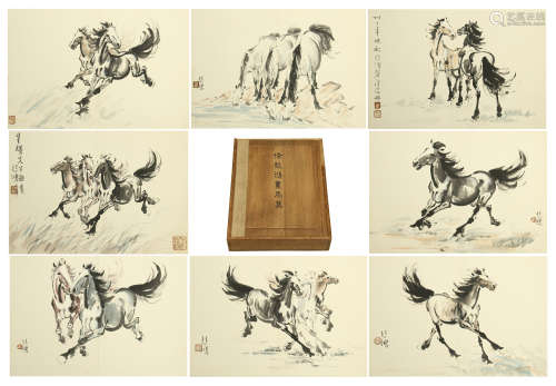 A Chinese Painting Scroll Album of Horses by Xu Beihong, Ink on Paper, 24 Pages