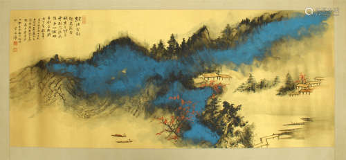 A Framed Scroll Painting of Landscape by Zhang Daqian, ink in gold paper