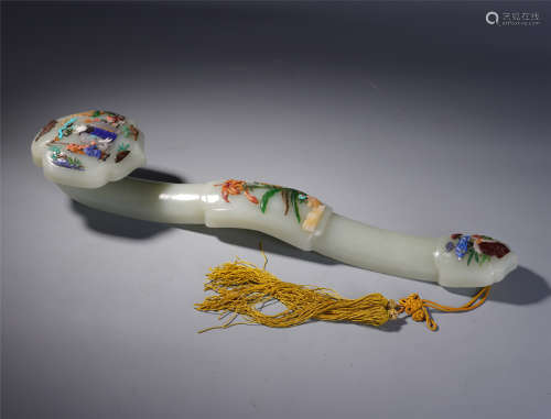 A Chinese Jade Scepter Embellished with Treasures