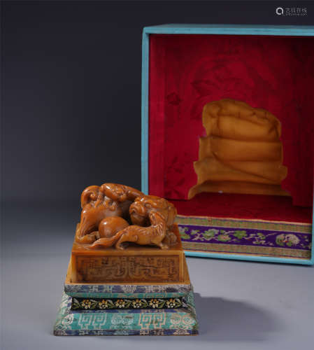 A Chinese Soapstone Carved Seal with Beast Finial