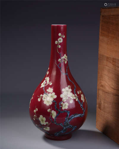 A Chinese Rouge Red Glazed Yuhuchunping Porcelain Vase with Floral Motif